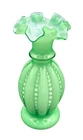 Vintage Fenton White Cased Green Overlay Beaded Melon  Ruffled Edge 8 1/4" Tall