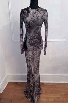 Boohoo Kourtney Kardashian Barker Tattoo Mesh Maxi Dress 8 Grunge Sheer NWT  | eBay
