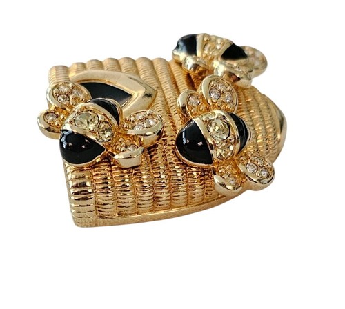 Swarovski Swan Logo Bee And Hive Brooch Black Enamel Clear Crystal Pin, J114 - Picture 3 of 8