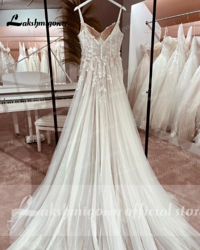Boho Wedding Dress Lace Applqiues Floral Backless Spaghetti Straps Bridal Gown - Picture 11 of 17