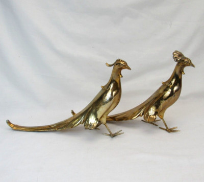 2 Peacock Figurines Gold Plate Metal Statues Mr and Mrs Bird Decor