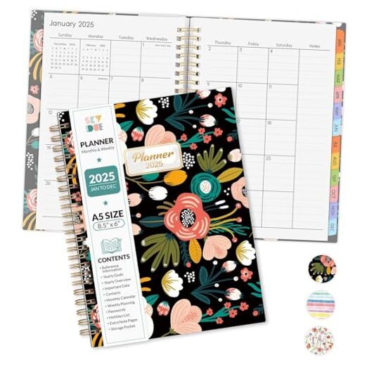 Planner 2025 - A5 Daily Weekly Monthly Planner, January 2025 - BlackFloral-image