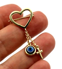 Genuine 14ct Yellow Gold Baby Child's Kids Heart Cross Brooch Evil Eye Mati