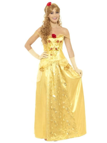NEW Golden Princess BelleDress & Headband Fairytale Ladies Fancy Dress Costume - Picture 1 of 1