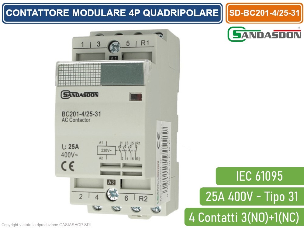 CONTATTORE MODULARE BARRA DIN 4P 25A 400V 3 CONTATTI NO + 1 CONTATTO NC TIPO 31