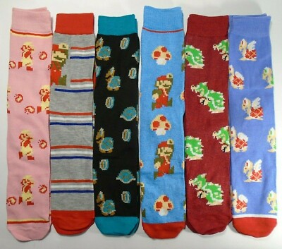 SUPER MARIO Men's 8-12 Crew Socks 6 Pair Blue Green Red Multi Unisex Women