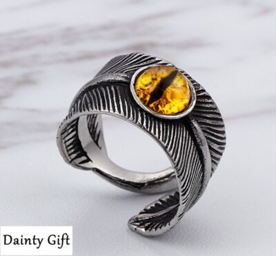 Men Titanium Stainless Steel Eye Bead Vintage Silver Feather Open Band Ring 8-12