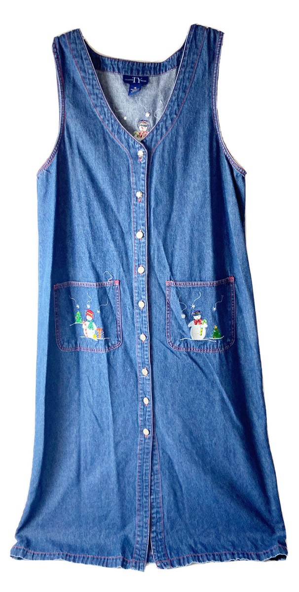 ugly denim dress VTG Christmas Holiday Sz 16 Embroidered Snowman 100% Cotton EUC vintage gown Regular fit Belted Denim Balloon Sleeve Evening gowns Color:Multi/Navy