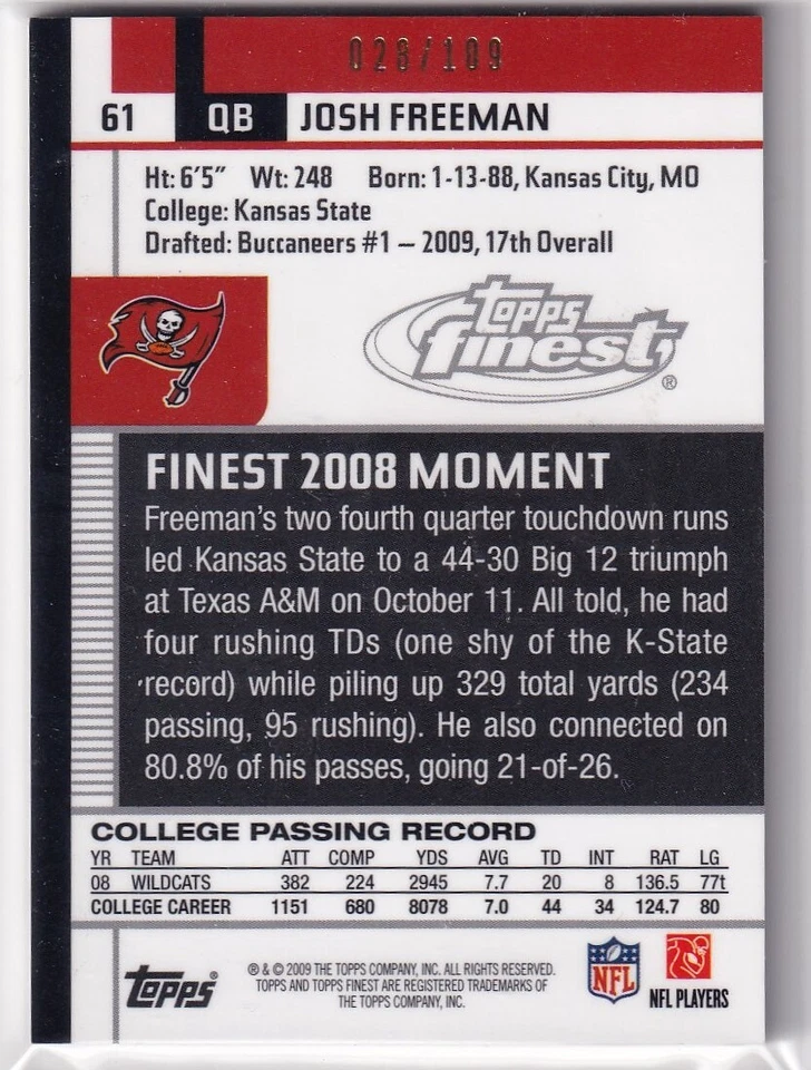 2009 Finest Josh Freeman #61 Rookie Jersey Autographs /109 Tampa Bay Buccaneers - Image 2 of 2