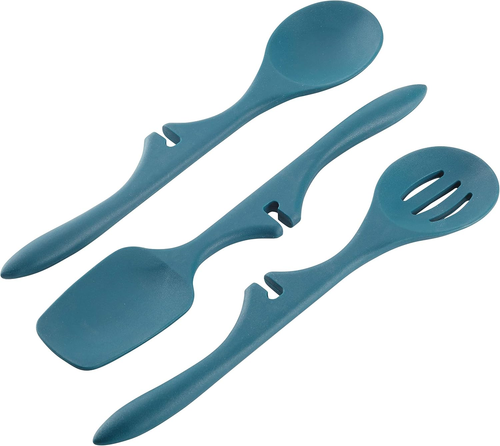3Pc Nonstick Kitchen Utensils - Lazy Spoonula, Solid & Slotted Spoon, Marine Blu - Picture 8 of 12