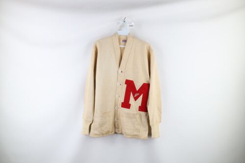 Vtg 40s Mens 40 Thrashed Wool Knit Track Shoe Varsity Letterman Cardigan Sweater - Picture 1 of 11