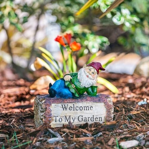 9" Outdoor Garden Gnome Statue with Welcome Sign, Yard Decor, Multicolor - Picture 3 of 9