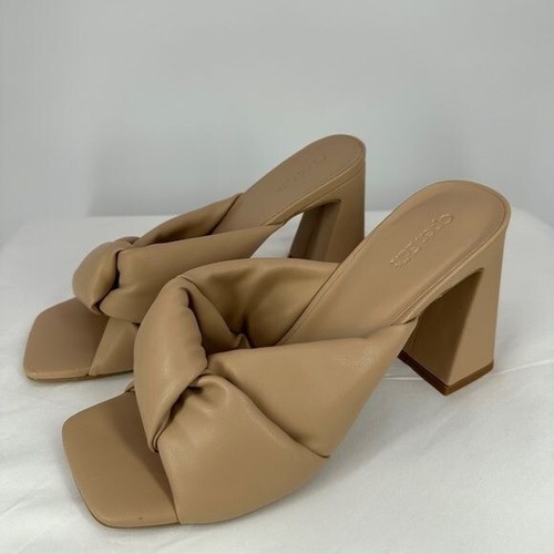 Offene Bearbeitung | Damen 9,5 nackte kissenförmige Kunstleder-Blockabsatz-Sandalen Pantoletten