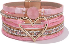 Heart Leather Wrap Bracelets Stackable Boho Cuff Bangles Trendy Resin Stone Rhin