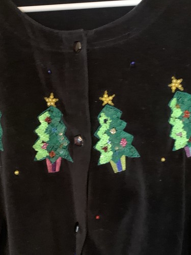 Michael Simon Velvet Sequin Christmas Tree Cardigan Size 2X - Picture 3 of 5
