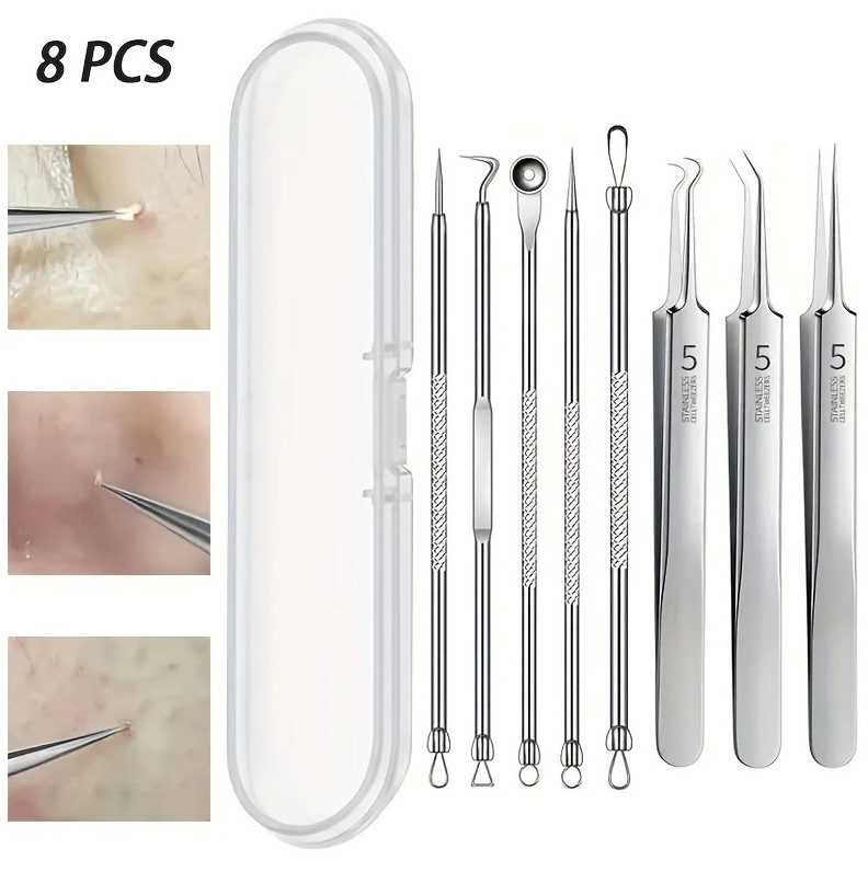 8pcs Stainless Steel Blackhead Remover Kit–Professional Acne & Pimple Extractor