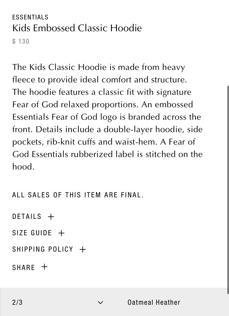 Fear of God Essentials Kids Embossed Pullover Hoodie Oatmeal Heather Size 10 NWT thumbnail 13