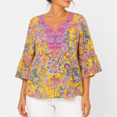 Calessa Women s 1X Yellow Paisley Tunic Top Embroidered Bell Sleeve Boho Rayon
