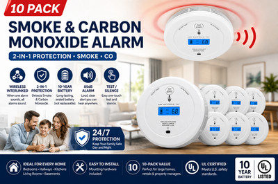 10 Pack Wireless Interlinked Smoke & Carbon Monoxide Alarm LCD Display SC-RF200
