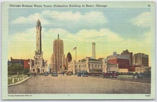 Vintage Chicago Avenue Water Tower Linen Postcard with Palmolive Building