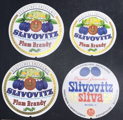 4 VTG Slivovitz Plum Brandy 40% & Sliva 44% Liquor Wine Bottle Label Yugolslavia