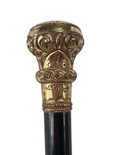 ANTIQUE WALKING CANE STICK ORNATE GOLD FILLED HANDLE EBONIZED WOOD