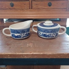 Blue Willow Sugar Bowl W/Lid and Creamer Vintage Unmarked