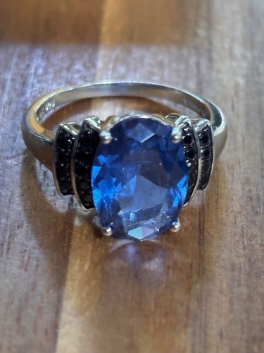 925 Sterling Silver Oval Blue Lab Spinel Prong Set Cocktail Ring, Size 10