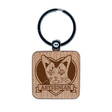 Cat Breed Abyssinian Heart Pet Engraved Wood Square Keychain Tag Charm