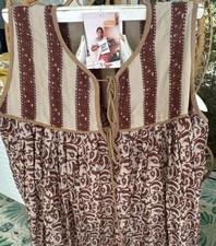 Daughters of India Handmade Floral Midi Dress L Sleeveless Tie Beige Brown