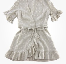 WAYF Linen Beige White Coastal Polka Dot Short Ruffle Sleeve Wrap Dress Large