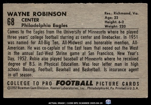 1952 Bowman Large WAYNE ROBINSON Philadelphia Eagles RC NM - Picture 2 of 2
