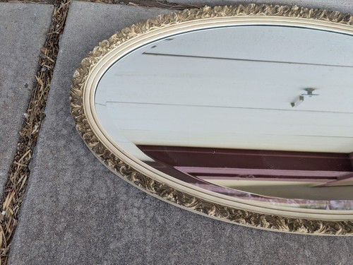 Vintage Ornate Hollywood Regency French Country Cream Oval Beveled Wall Mirror - Picture 17 of 24