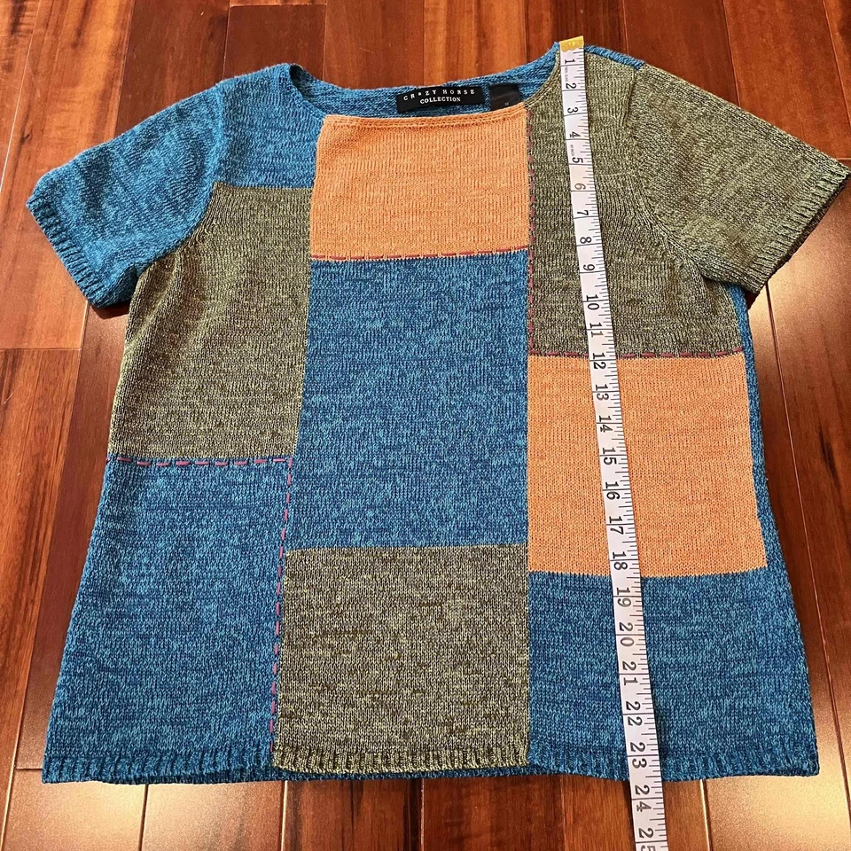 Crazy Horse Blue Multi Sweater Knit Short Sleeve Crew Pullover Colorblock Sz M - Image 4 of 4