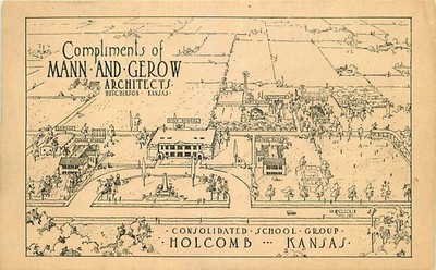 Architectural Rendering Comsolidated School Group, Holcomb, Kansas Card 1921