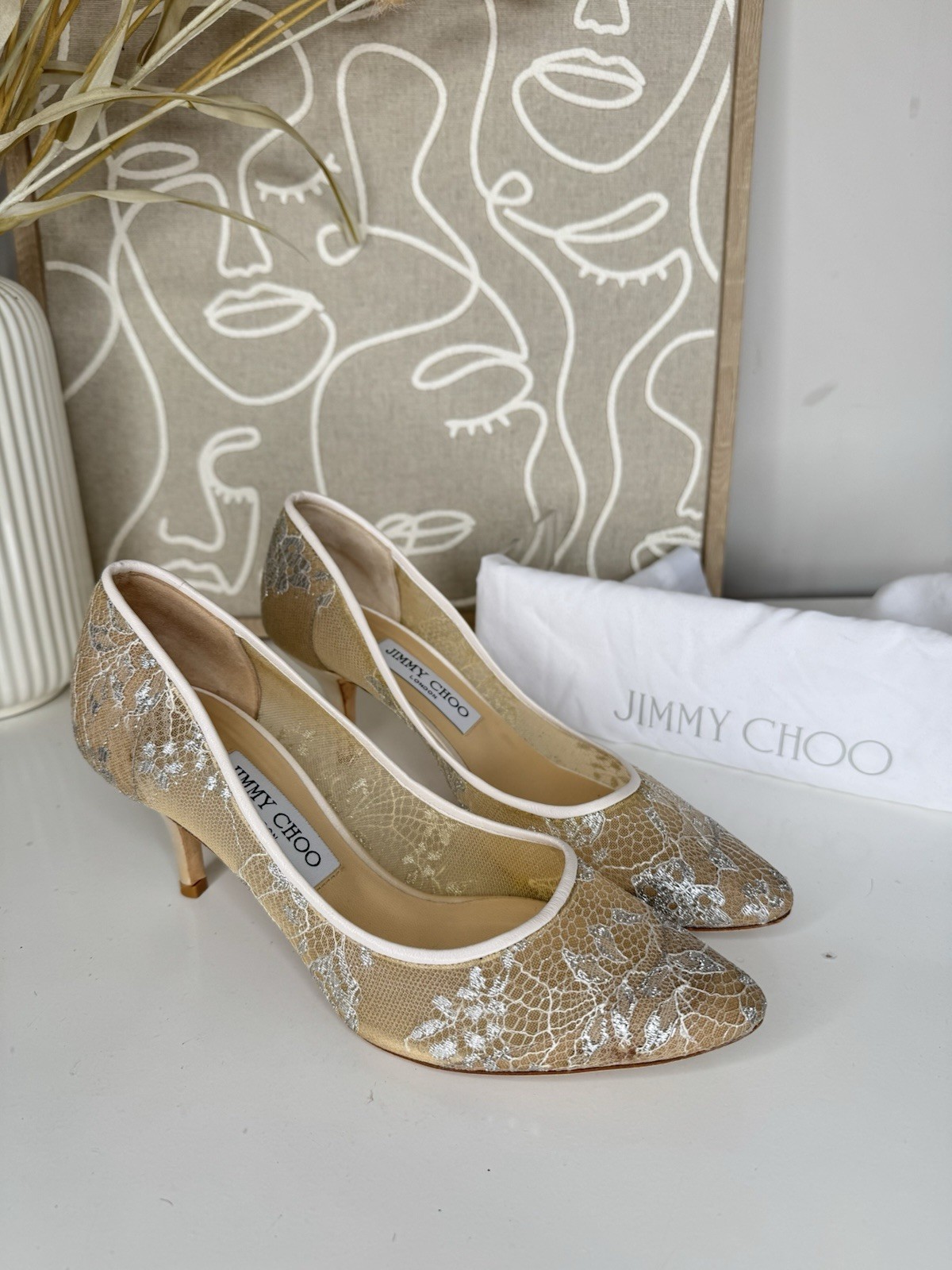 Jimmy Choo Romy lace pumps in beige and silver size eu38 uk5  comes with dustbag