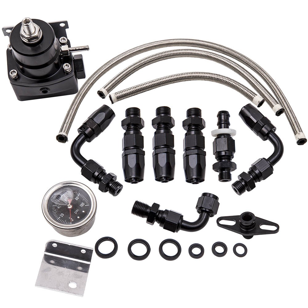 Kit Ligne Essence -6AN avec Régulateur de Pression Réglable 0-100 PSI et Manomètre Noir pour Auto