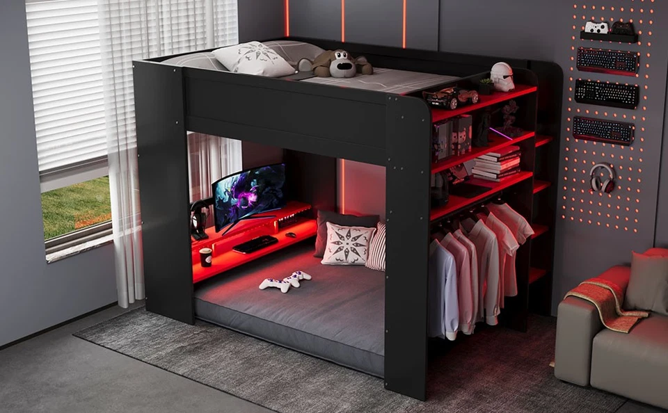 Litera de madera de tamaño completo con escritorio ajustable en altura, armario, amplio espacio de almacenamiento Foto 3 de 4