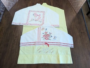 LOT/3 HANGER COVERS hm w/up-cycled VTG-USA diff Hand Emb Cotton Pillowcases