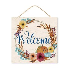 Fall Wreath Wooden Welcome Sign - 10" x 10", Vintage Kitchen Decor, Fall Decor