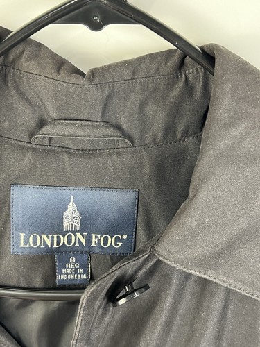 London Fog Trench Coat Womens 8 Regular Black Hooded, Lined, Button Up - Picture 9 of 11