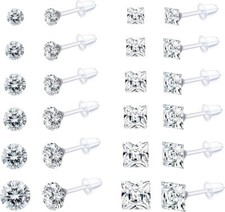 12Pairs Clear Plastic CZ Studs Earrings for Women Men Acrylic Post Hypoallergeni