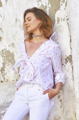 SILVIA TCHERASSI Sz M Flamingo Print Cotton Button Up Tie Waist Shirt