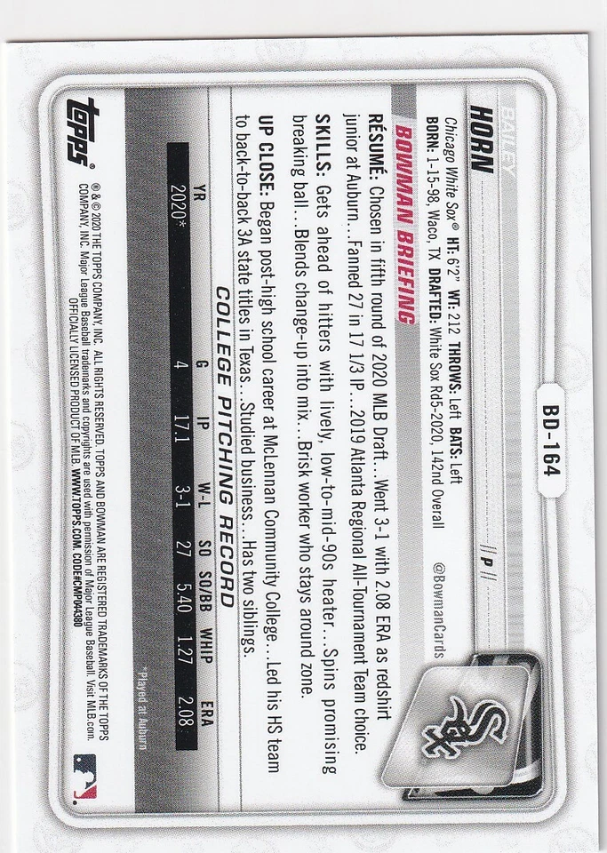 2020 BOWMAN 1ST EDITION RC BAILEY HORN CHICAGO WHITE SOX FIRST ROOKIE S4736 - Image 2 of 2