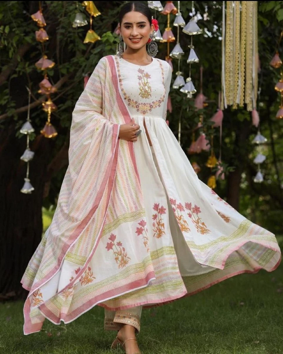 Cotton Yellow Floral Print Anarkali Palazzo Set with Organza Dupatta |  Cotton anarkali, Lace anarkali, Anarkali