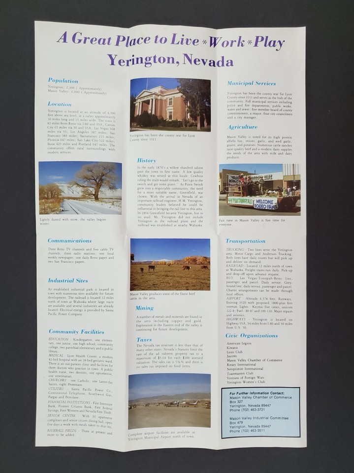 1980s Yerington Nevada Mason Valley Chamber Commerce Promo Vtg Travel