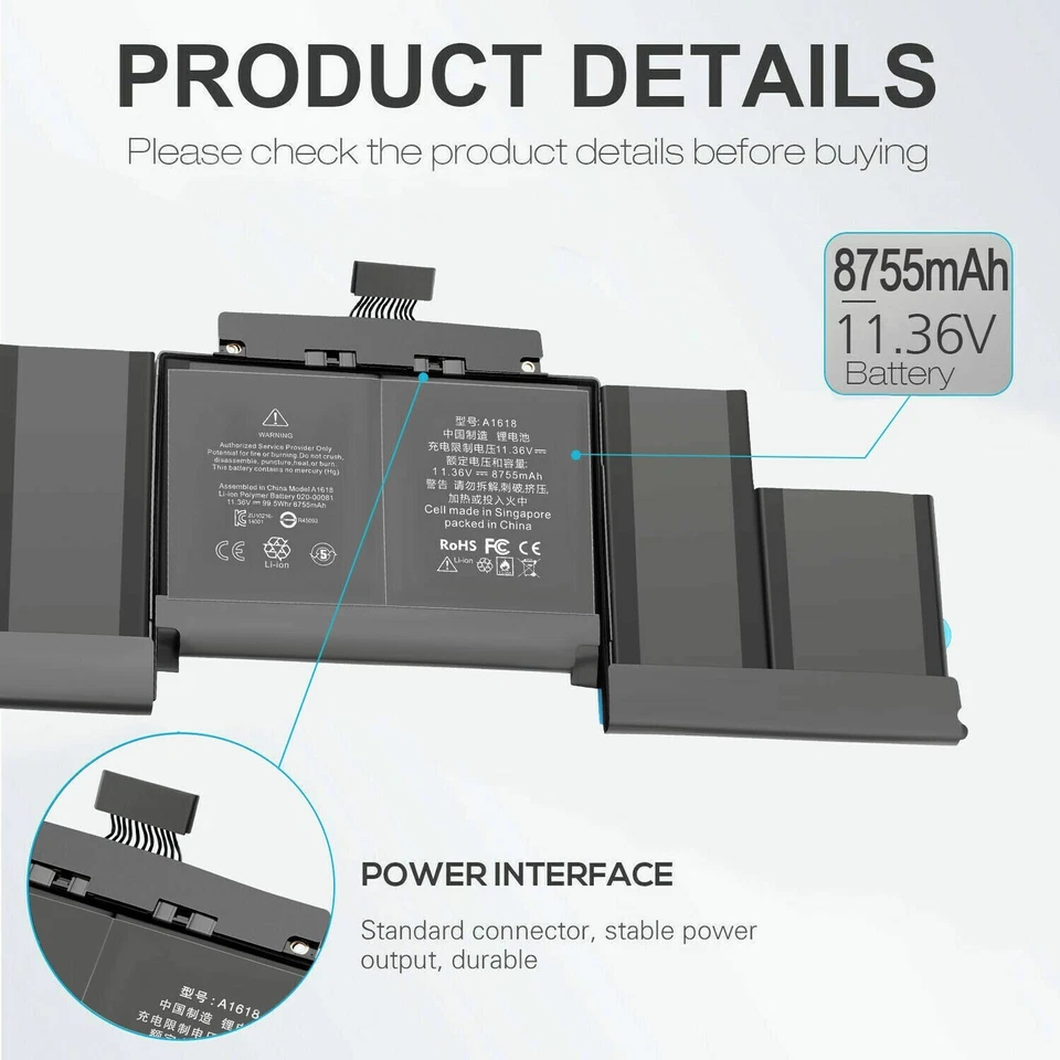 Batería A1618 para MacBook Pro 15"" Retina A1398 finales de 2013 mediados de 2014 2015 99,5 Wh EE. UU. Foto 4 de 4