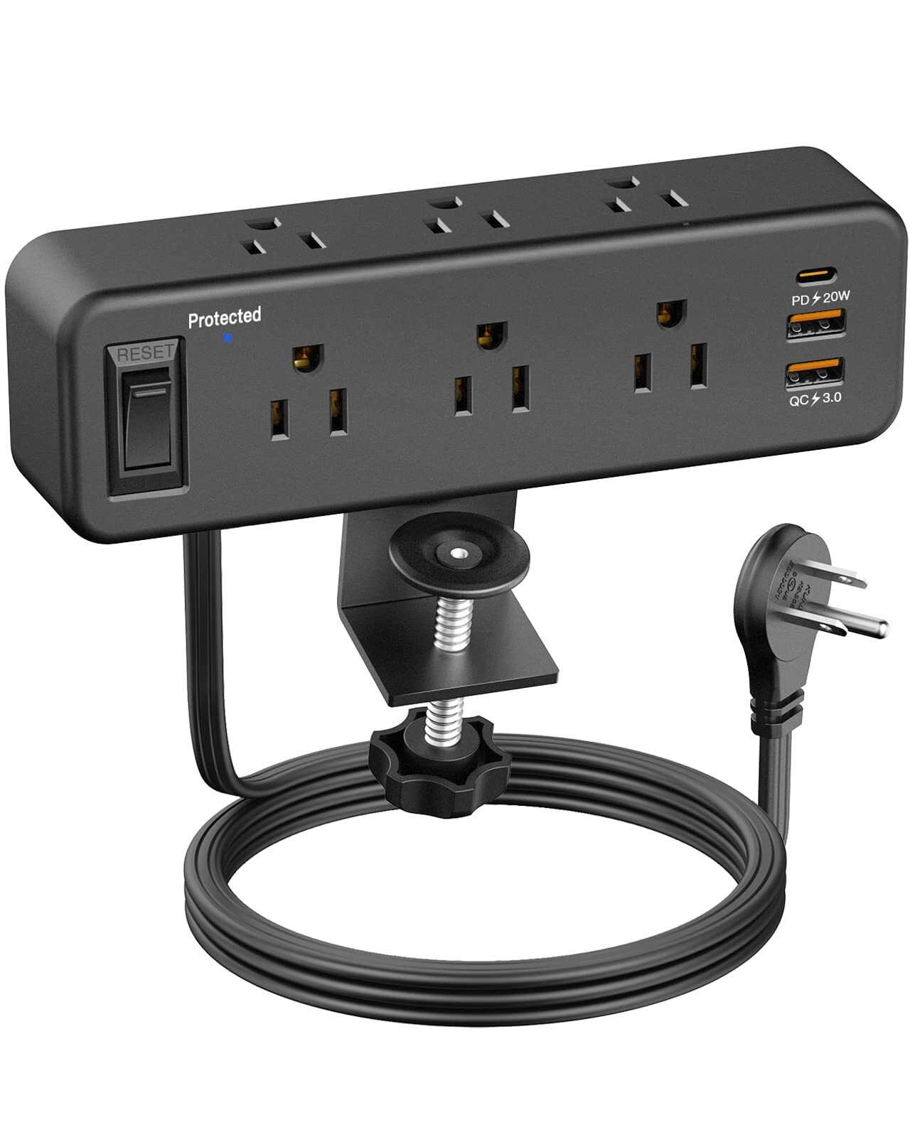 Desk Clamp Power Strip with PD 20W USB C, Desktop Edge Mount Surge Black