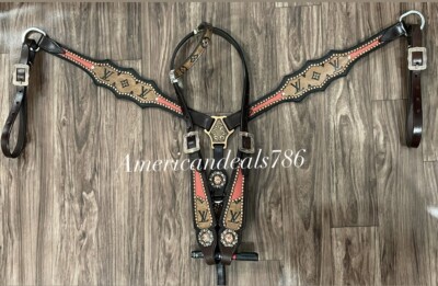 Set Testiera Western In Pelle Bling Tack – Marrone Con Stampa Rossa E Conchiglie, Aledo Saddlery
