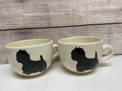 TWO BLACK DOG SILHOUETTE LARGE MUGS HAND PAINTED 3.5 X 4.5'' SIGNED